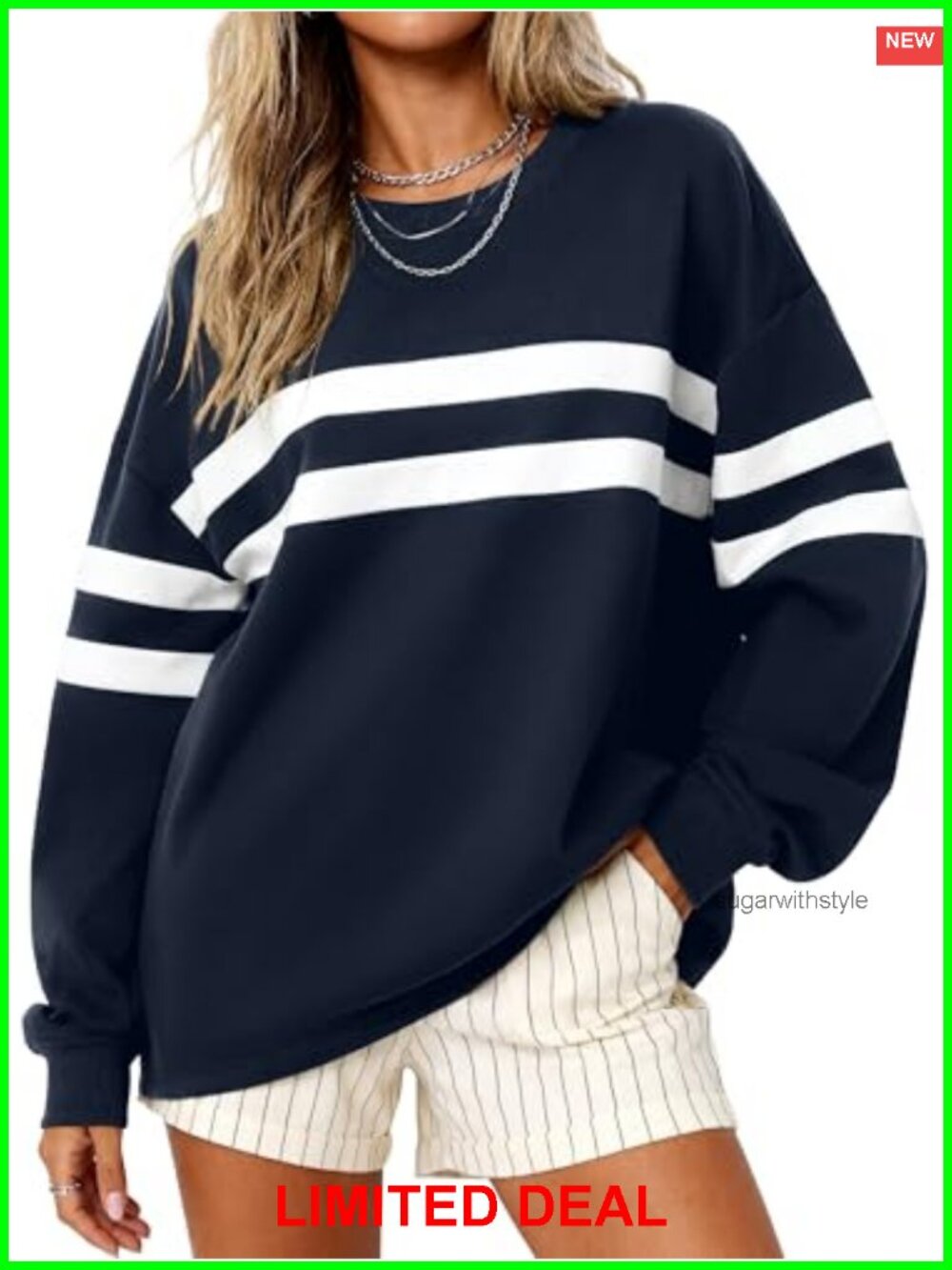 Oversized Striped Color Block Crewneck Sweatshirt Pullover